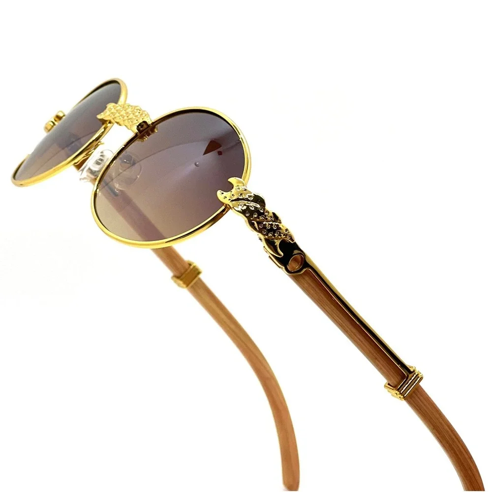 Retro Vintage Style Horn‎ Rim  Brown Lens Gold Round Fashion Driving Sunglasses